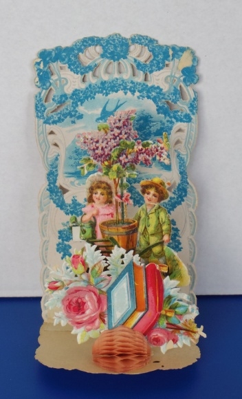 Backdrop card 3D wafer standee, congratulations, girl and boy, lilac, rose, forget-me-not