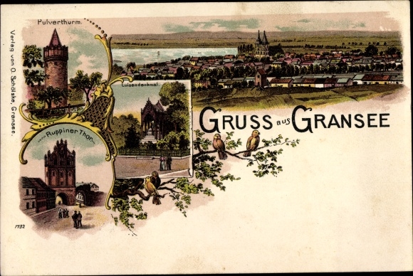 Chromo-Litho Gransee in the district of Oberhavel, Pulverturm, Luisendenkmal, Ruppiner Tor, total view