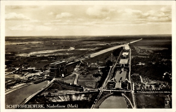 Postcard Niederfinow in Barnim, boat lift, aerial photograph