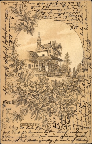 Chromo-Litho Birkenstein Fischbachau in Upper Bavaria, view of the church, partial view of the village