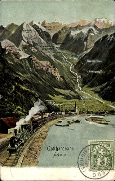 Postcard Flüelen Kt. Uri Switzerland, Gotthardbahn, Erstfeld, Dammastock, Leckihorn, Galenstock
