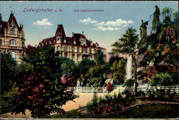 Ak Ludwigshafen am Rhein,  Am Jubiläumsplatz, Garten, Statue, Brunnen