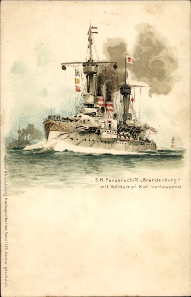 Kunstenaar Litho Bohrdt, Hans, Duits oorlogsschip, SMS Brandenburg, Panzerschiff
