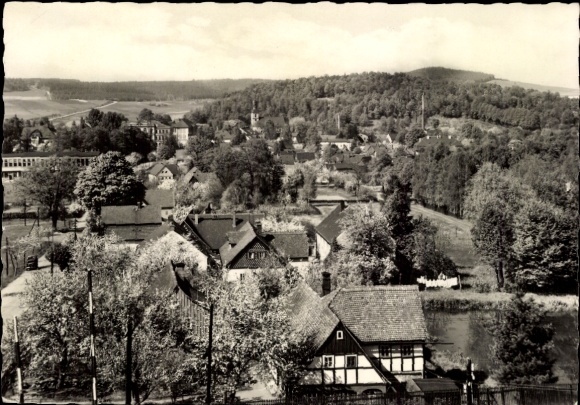 Großschönau in Upper Lusatia, Saxony, view of the village, hills in the background, rural...