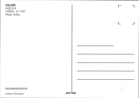 Postcard Italian Passenger Aircraft, Volare, Airbus A320 214, I PEQKQ Cn 1757
