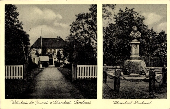 Postcard Bordenau Neustadt am Rübenberge, Scharnhorst monument, home of the general
