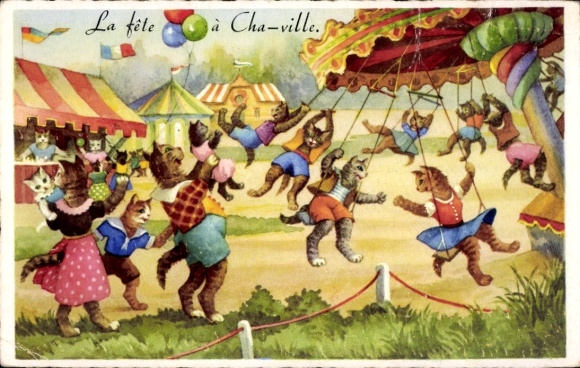 Ak Chaville Hauts de Seine, Jahrmarkt in Chaville mit Katzen, die auf einem Karussell fahren u...