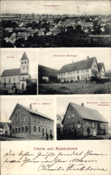 Ak Markbronn Blaustein in Württemberg, Gesamtansicht, Schulhaus, Rathaus, Kirche