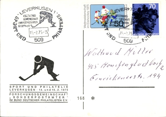 Postcard Leverkusen in the Rhineland, World Championship in Ice Hockey 1975