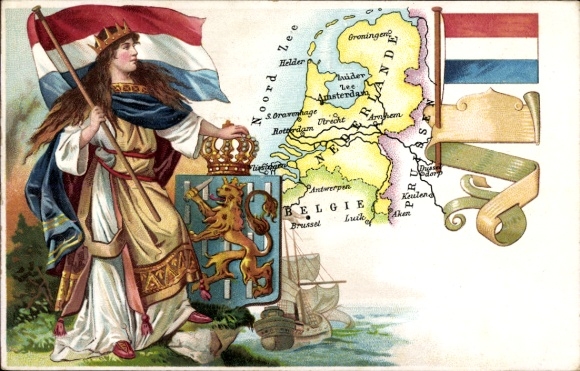 Maps Coat of Arms Chromo-Litho Netherlands, Allegory, Flags