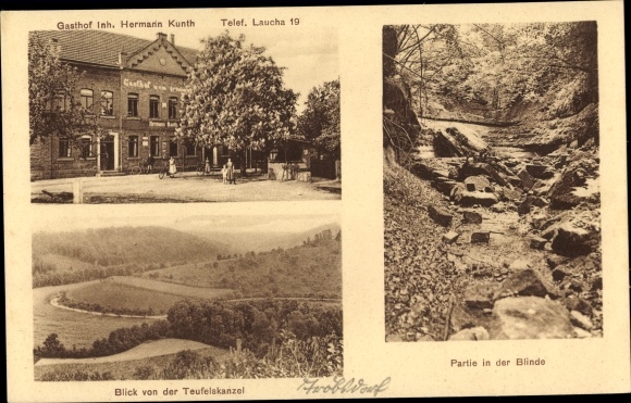 Ak Tröbsdorf Laucha an der Unstrut, Partie in der Blinde, Gasthof Hermann Kunth, Teufelskanzel