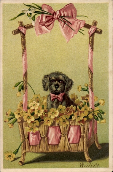 Embossing artist Postcard Mailick, dog in a flower basket
