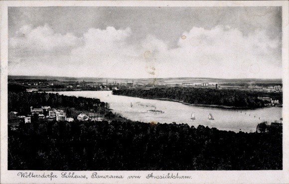 Ak Woltersdorf bei Berlin, Panorama vom Ort mit See, Blick vom Aussichtsturm