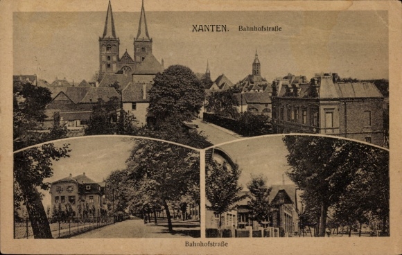Ak Xanten aan de Nederrijn, Bahnhofstraße, oude gebouwen, twee torens, architectuur