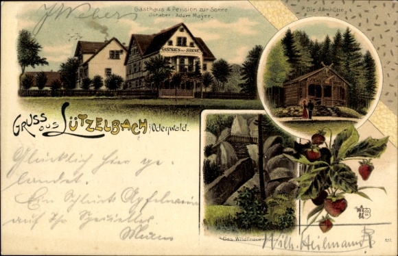 Chromo-Litho Lützelbach in the Odenwald Hessen, Gasthaus zur Sonne, Alpine hut, Wildfrauenhaus