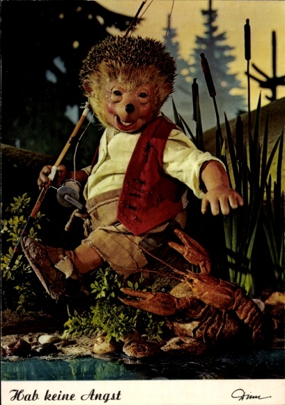 Postcard Mecki the hedgehog, don't be afraid, angel, lobster