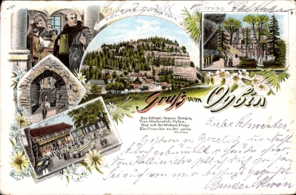 Chromo-Litho Oybin in Saxony, church, village, ruin, mountain Oybin