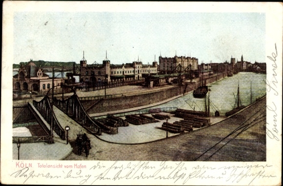 Postcard Cologne on the Rhine, harbor view, ships, bridge,