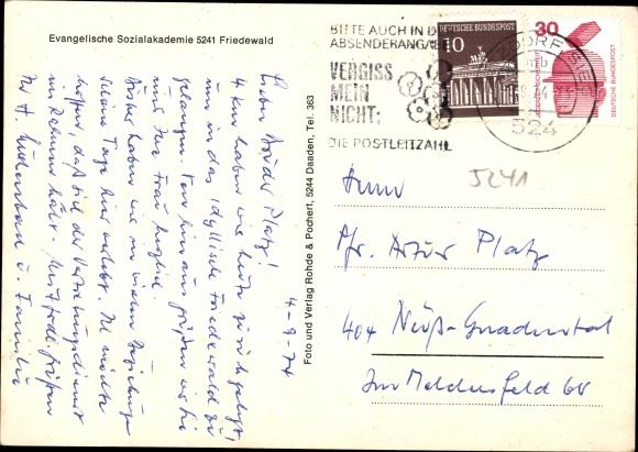 Postcard Friedewald Westerwald, Evangelical Social Academy