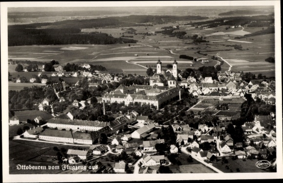 Postcard Ottobeuren in Upper Swabia Allgäu, aerial view of monastery visible, rural surroundings