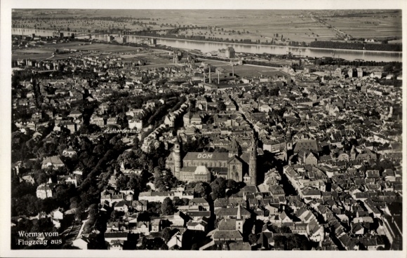 Postcard Worms am Rhein, aerial view of cityscape, DOM, river landscape