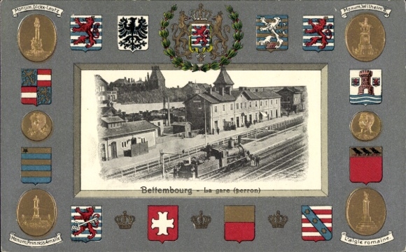 PC Bettembourg Bettembourg Luxembourg, station building, coat of arms, flags