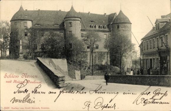 PC Nossen in Saxony, castle with war memorial, Verlag Emil Hensel, views