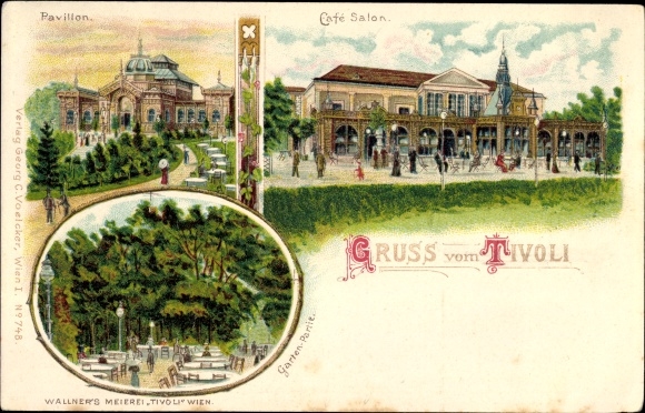 Litho Wien 12. Meidling, Gruß vom Tivoli, Café Salon, Pavillon, Wallner's Meierei