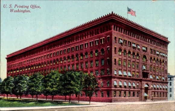 Ak Washington DC USA, U.S. Printing Office, große rote Gebäude, USA Flagge