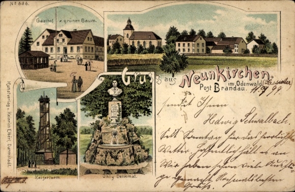 litho Neunkirchen in het Odenwald Modautal, Ohly Monument, Gasthof zum Grünen Baum, Kaiserturm