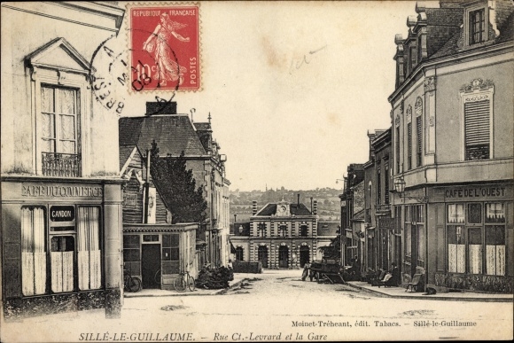 Postcard Sillé Beach Sillé-le-Guillaume Sarthe, Rue Ct. Levrard and the train station, Café de l&#39;Quest