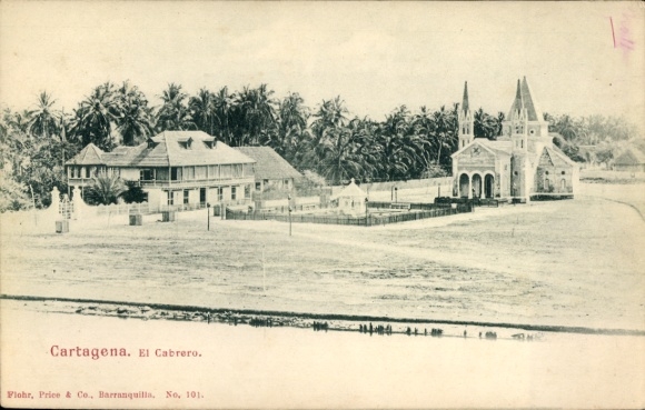 Postcard Cartagena Colombia, El Cabrero, building, church, palm trees, historical view