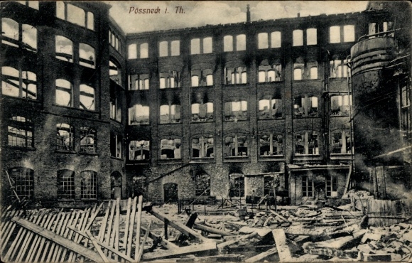 Ak Pößneck, Brand-Ruinen der Textilfabriken Siegel & Schütze, 1912