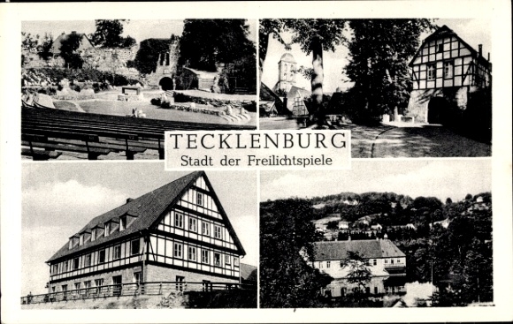 Postcard Tecklenburg in Westphalia, partial views, half-timbered house, open-air stage