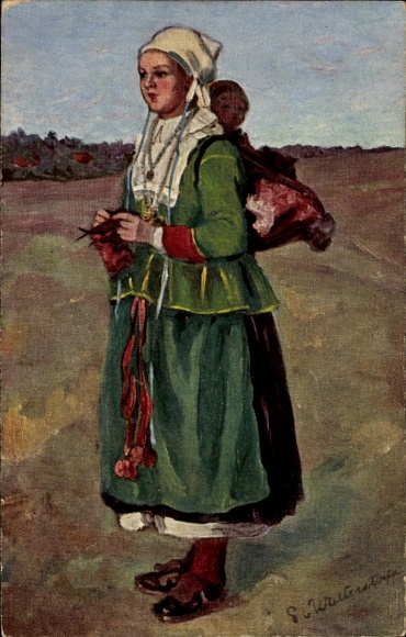 Artist Postcard Dalarna, woman and child in Swedish costume