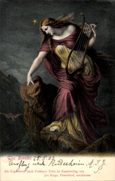 Postcard Loreley with harp on the rock
