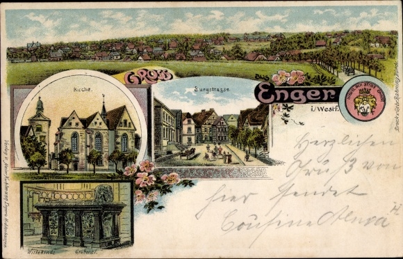 Litho Enger im Kreis Herford, Totalansicht, Kirche, Burgstraße, Wittekinds Grabmal