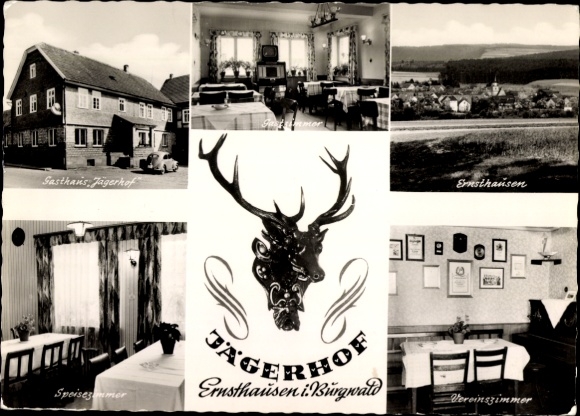 Postcard Ernsthausen Burgwald Nordhessen, Gasthaus Jägerhof, club room, dining room, guest room