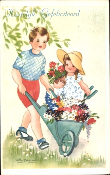 Artist Postcard Schermele, W., Congratulations, Children, Wheelbarrow, Flowers