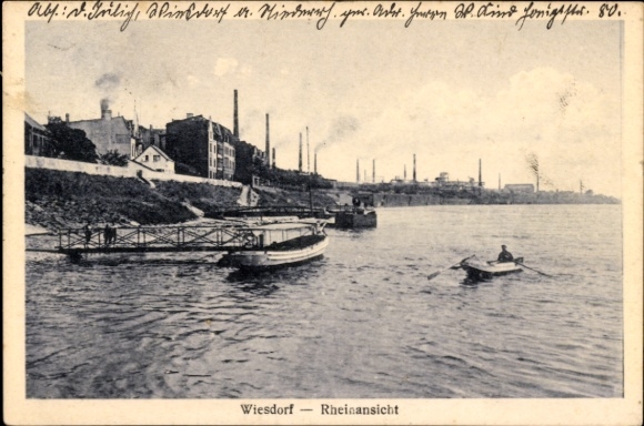 Postcard Wiesdorf Leverkusen am Rhein, view of the Rhine, industrial scenery, ships, water, clouds