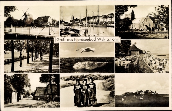 Postcard Wyk auf Föhr North Friesland, windmill, harbor, beach, costume, seagull in flight
