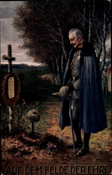 Artist Postcard Kaiser Wilhelm II., On the Field of Honor, Soldier's Grave, I. WK