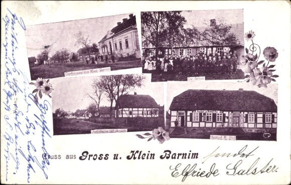 Postcard Groß Barnim and Klein Barnim Neutrebbin in Brandenburg, village street, inn, post office, school