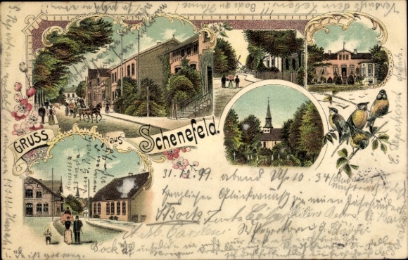 Litho Schenefeld in Schleswig Holstein, Straßenpartie, Kirche, Spaziergänger, Kutsche, Windmühle