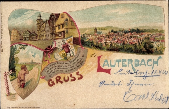 Chromo-Litho Lauterbach at the Lauter Vogelsbergkreis, stocking lost, crying child, panorama