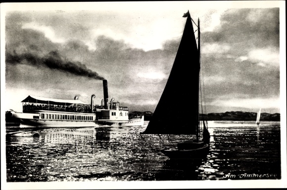 Postcard saloon steamer and sailing boat on the Ammersee