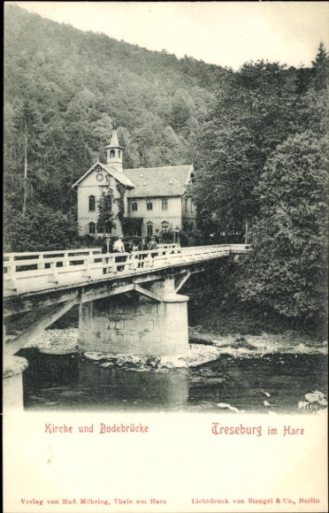 Ak Treseburg Thale im Harz, Kirche, Bodebrücke, Treseburg, Wald,  Architektur