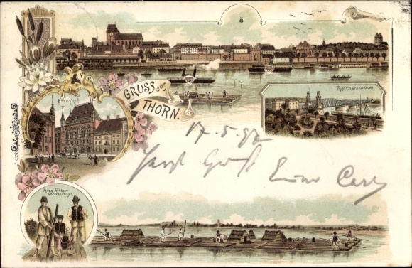 Litho Toruń Thorn Westpreußen, Panorama, Artushof, Flößer auf der Weichsel