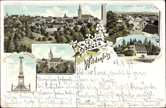 litho Wildenfels in het Erzgebirge, kerk, oorlogsmonument, Friedrichsthal
