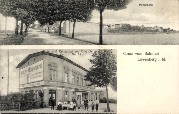 Postcard Löwenberg in der Mark, Panorama, Hotel and Restaurant by Otto Gerike